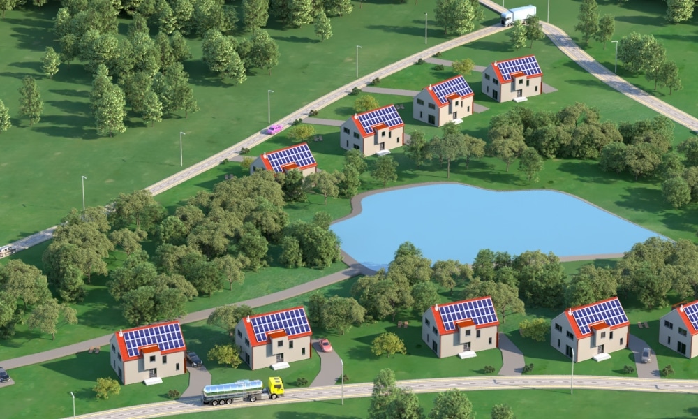 3D Visualisierung einer Siedlung mit Photovoltaikanlagen